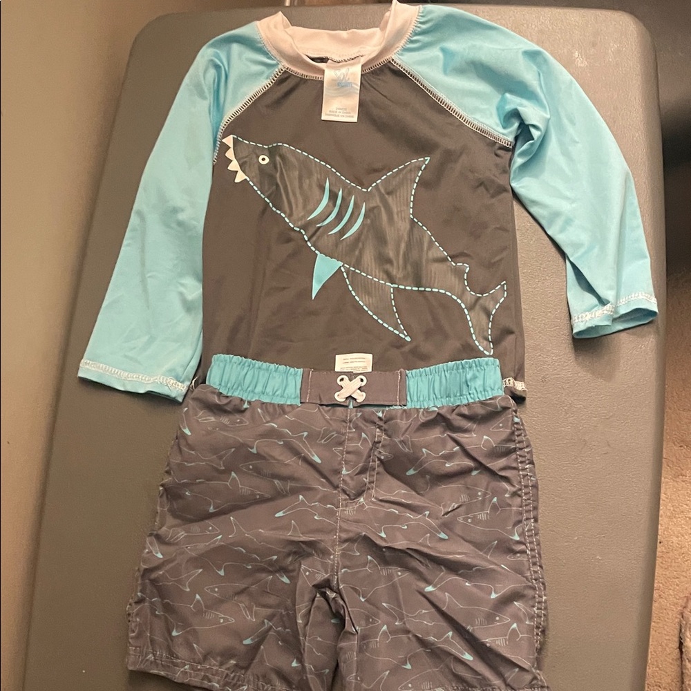 Kids Shark Rashguard Swim Set - Aqua and Gray